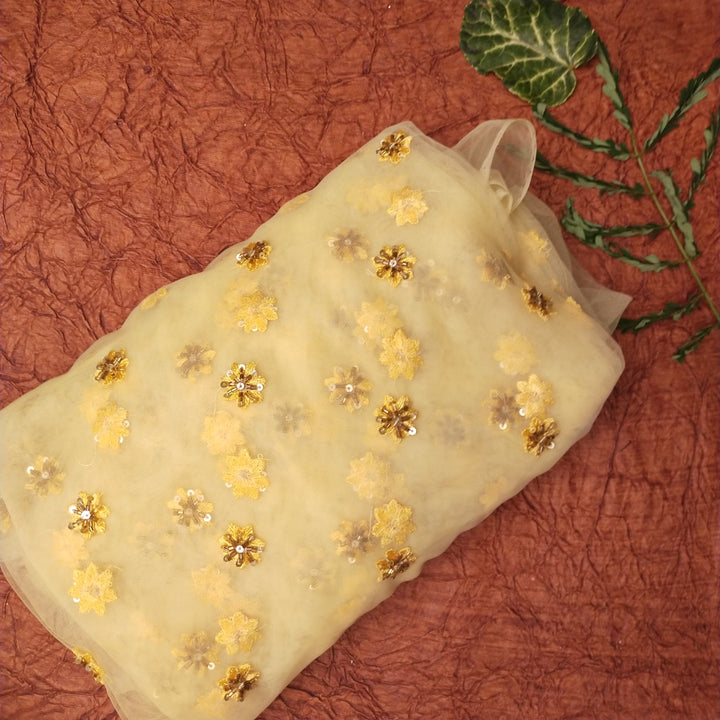 Butter Yellow Net Embroidery Fabric