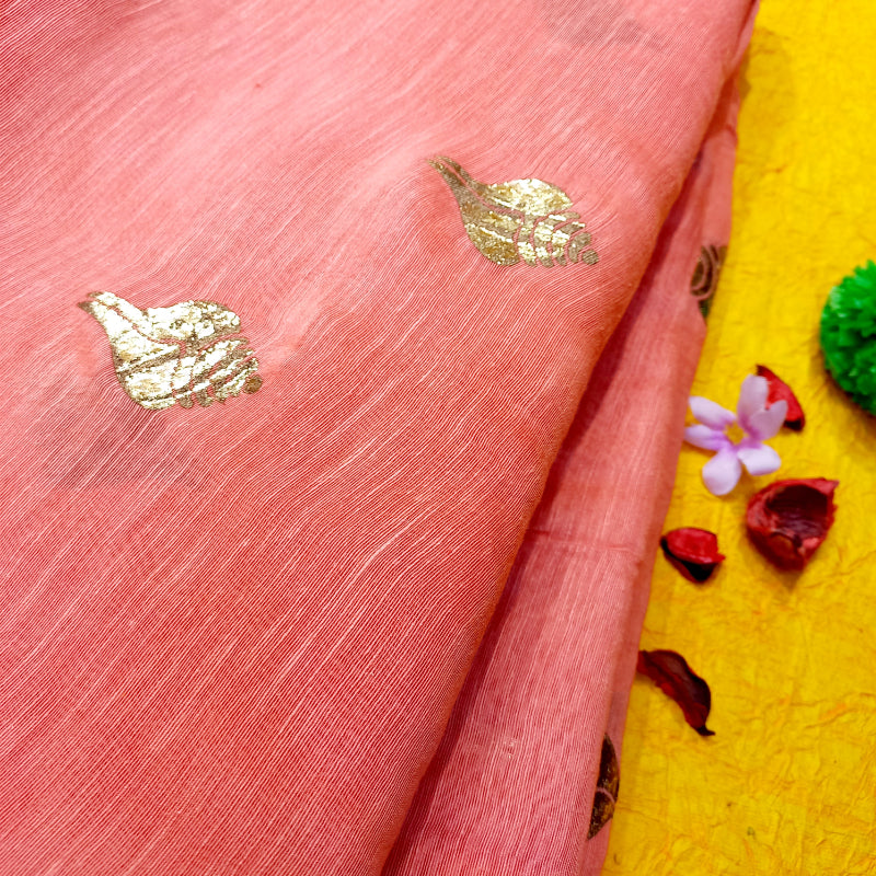 Peach Foil Printed Linen Fabric