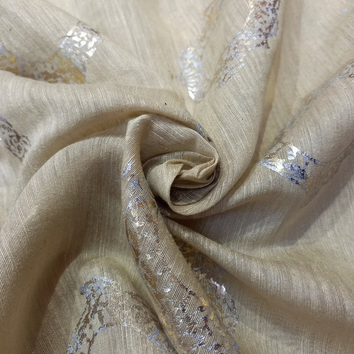 Beige Color Foil Printed Linen Fabric