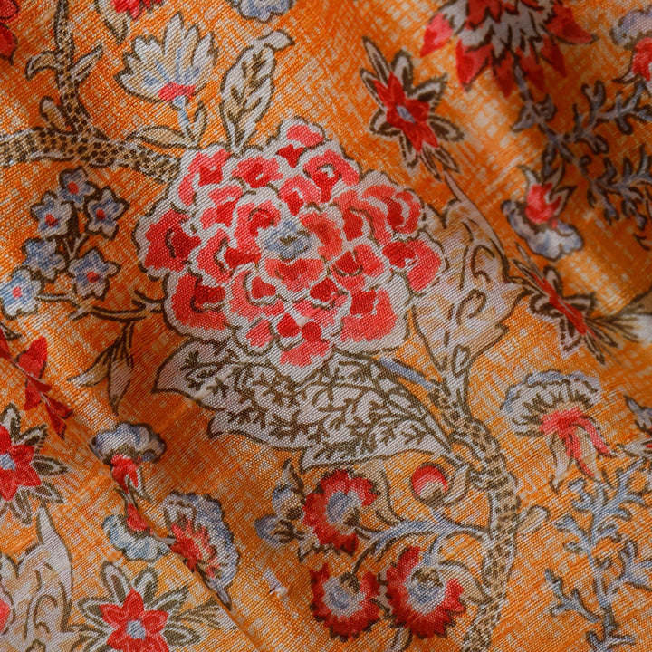 Light Orange Color Dupion Silk Fabric With Floral Printed Pattern