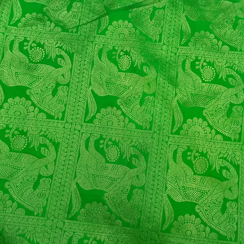 Green Color Kanchi Tissue Animal Motifs Fabric