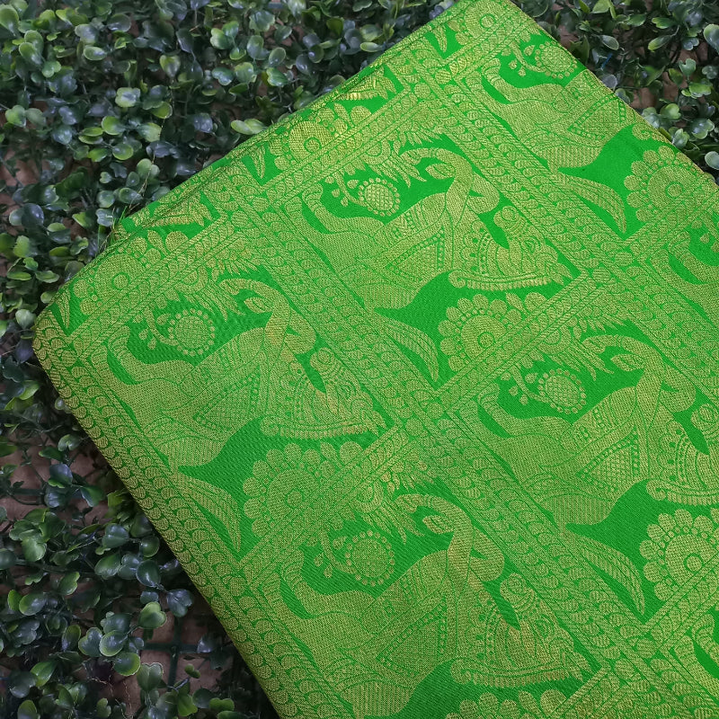 Green Color Kanchi Tissue Animal Motifs Fabric