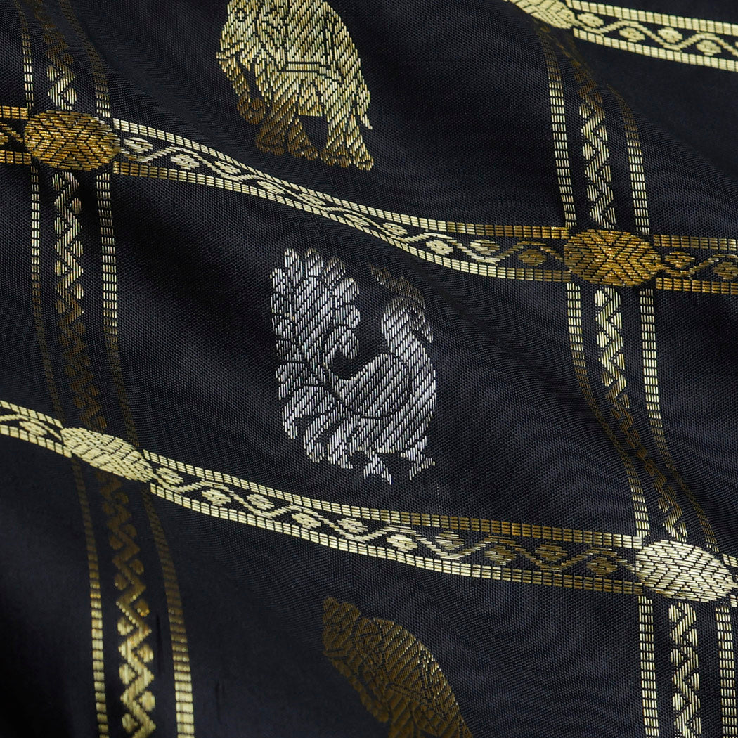 Black Color Silk Fabric With Bird And Animal Motifs