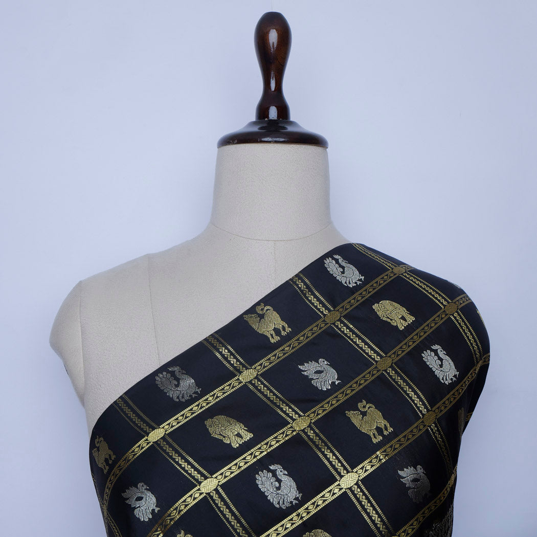 Black Color Silk Fabric With Bird And Animal Motifs