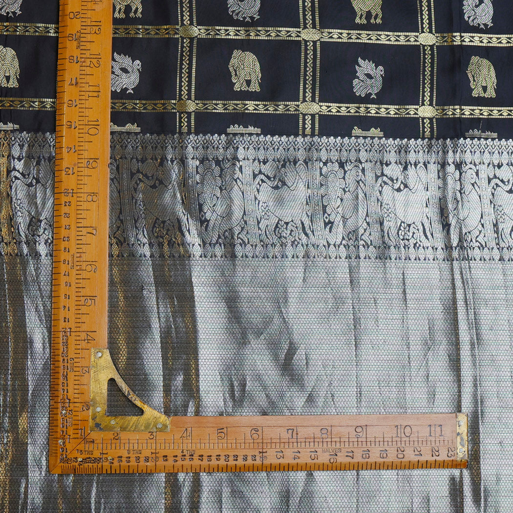 Black Color Silk Fabric With Bird And Animal Motifs