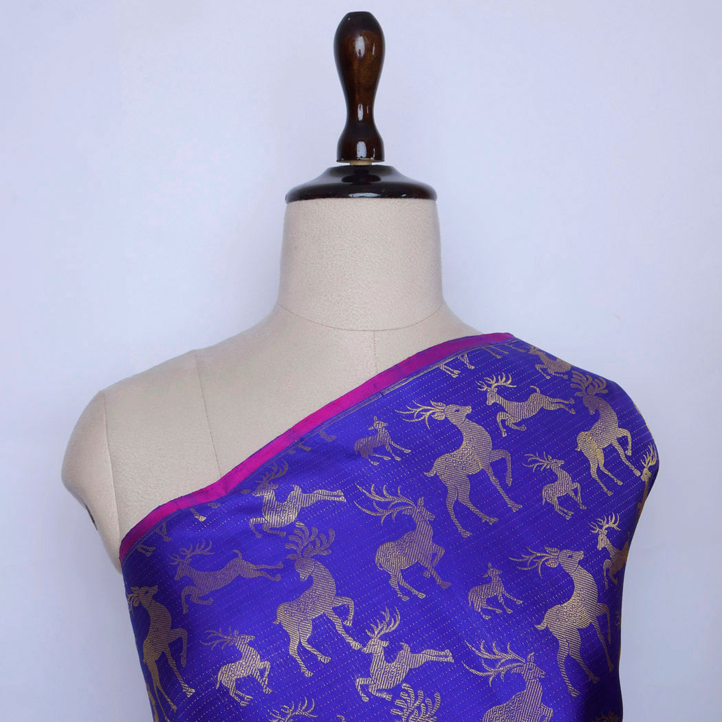 Azure Blue Color Silk Fabric With Deer Motifs