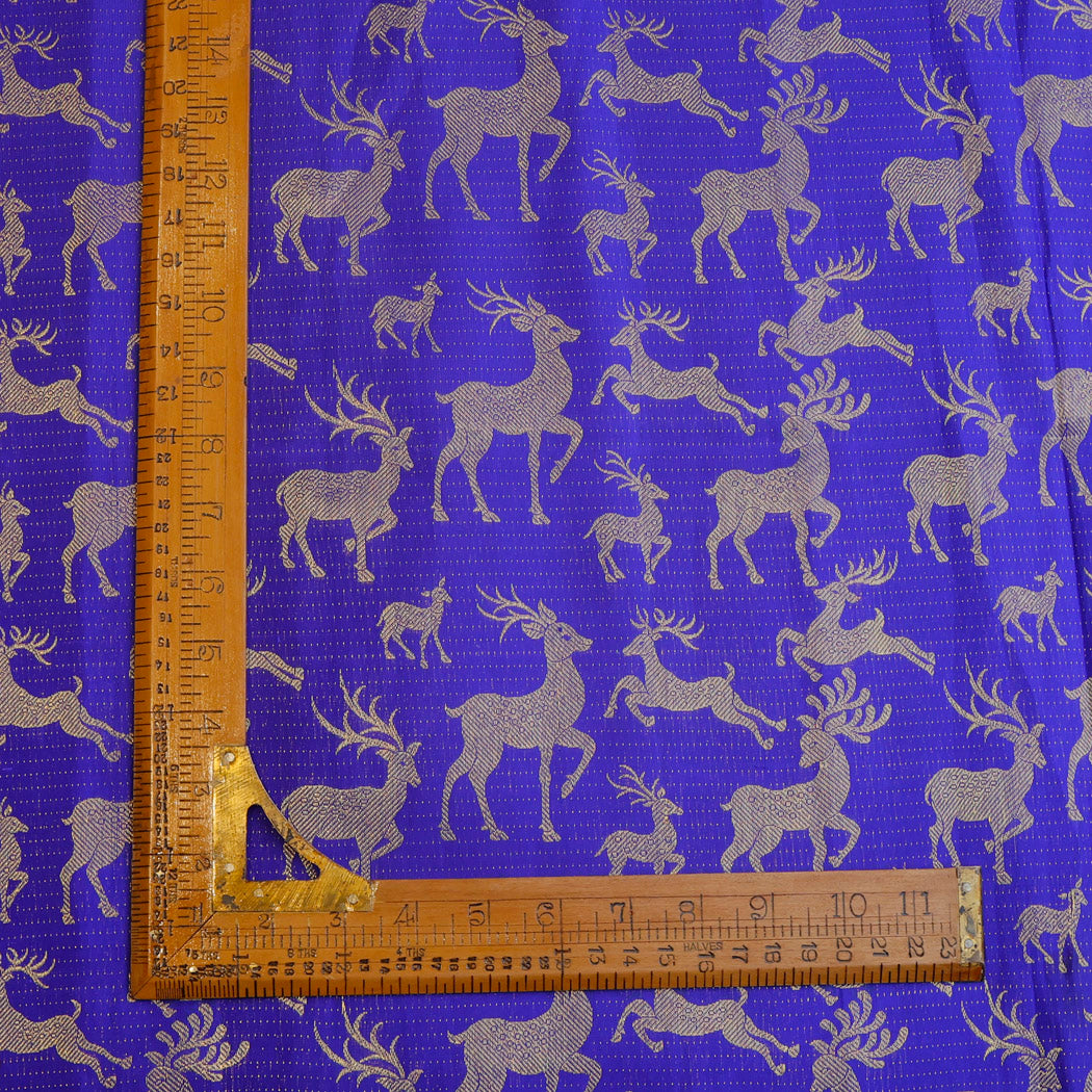 Azure Blue Color Silk Fabric With Deer Motifs