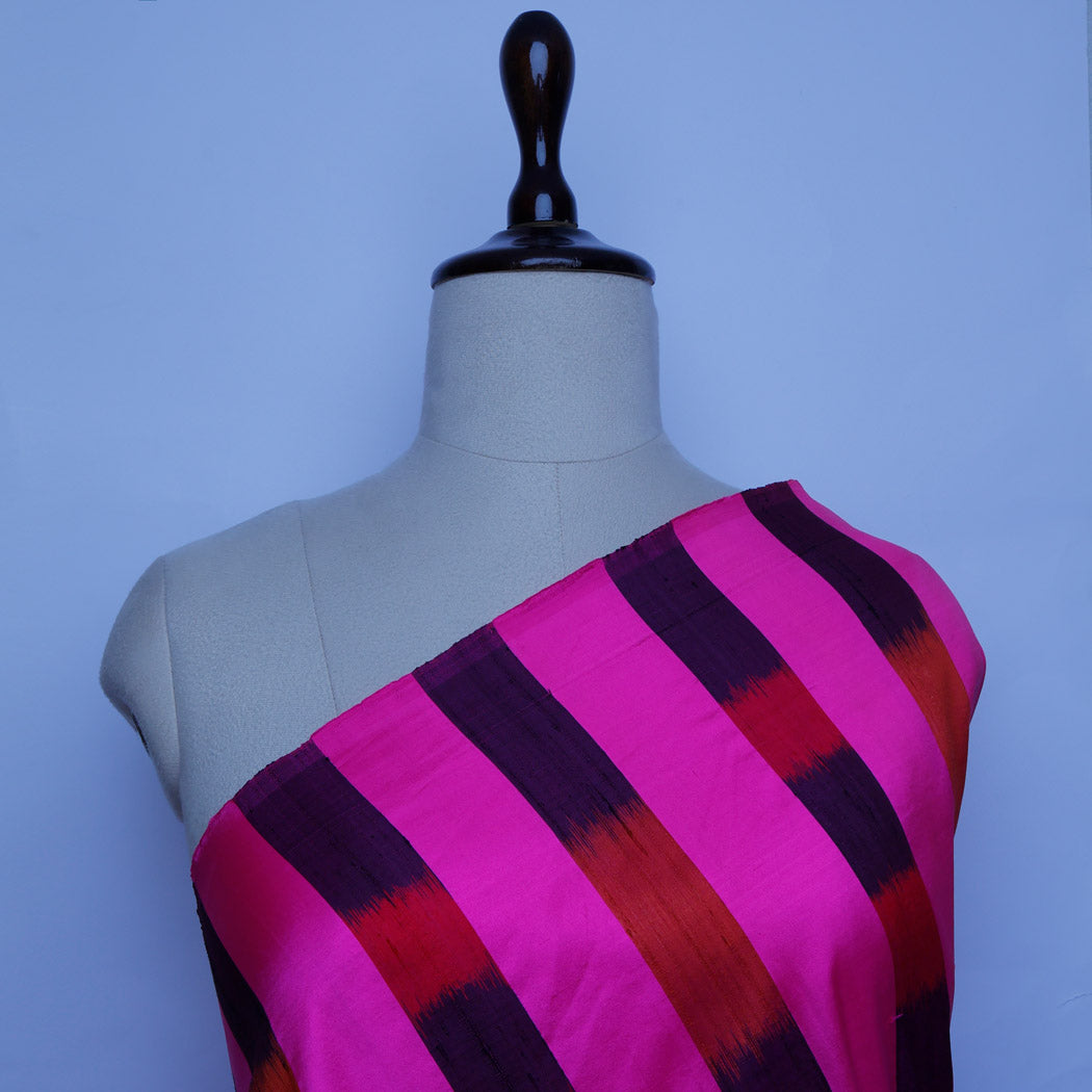 Pink Colour Dupion Fabric With Ikkat Weave Stripes Pattern