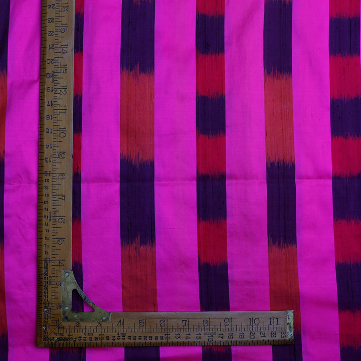 Pink Colour Dupion Fabric With Ikkat Weave Stripes Pattern