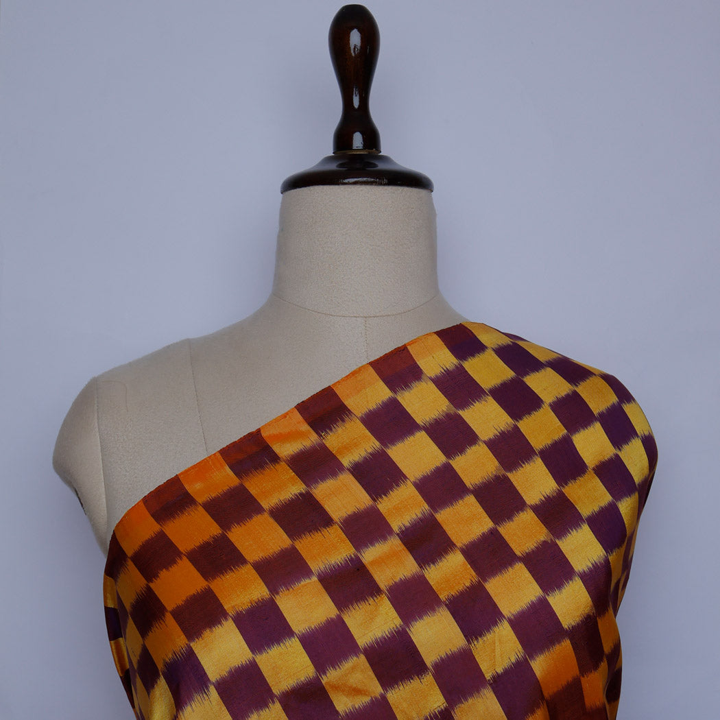 Multicolor Orange Brown Color Silk Fabric With Checks Pattern