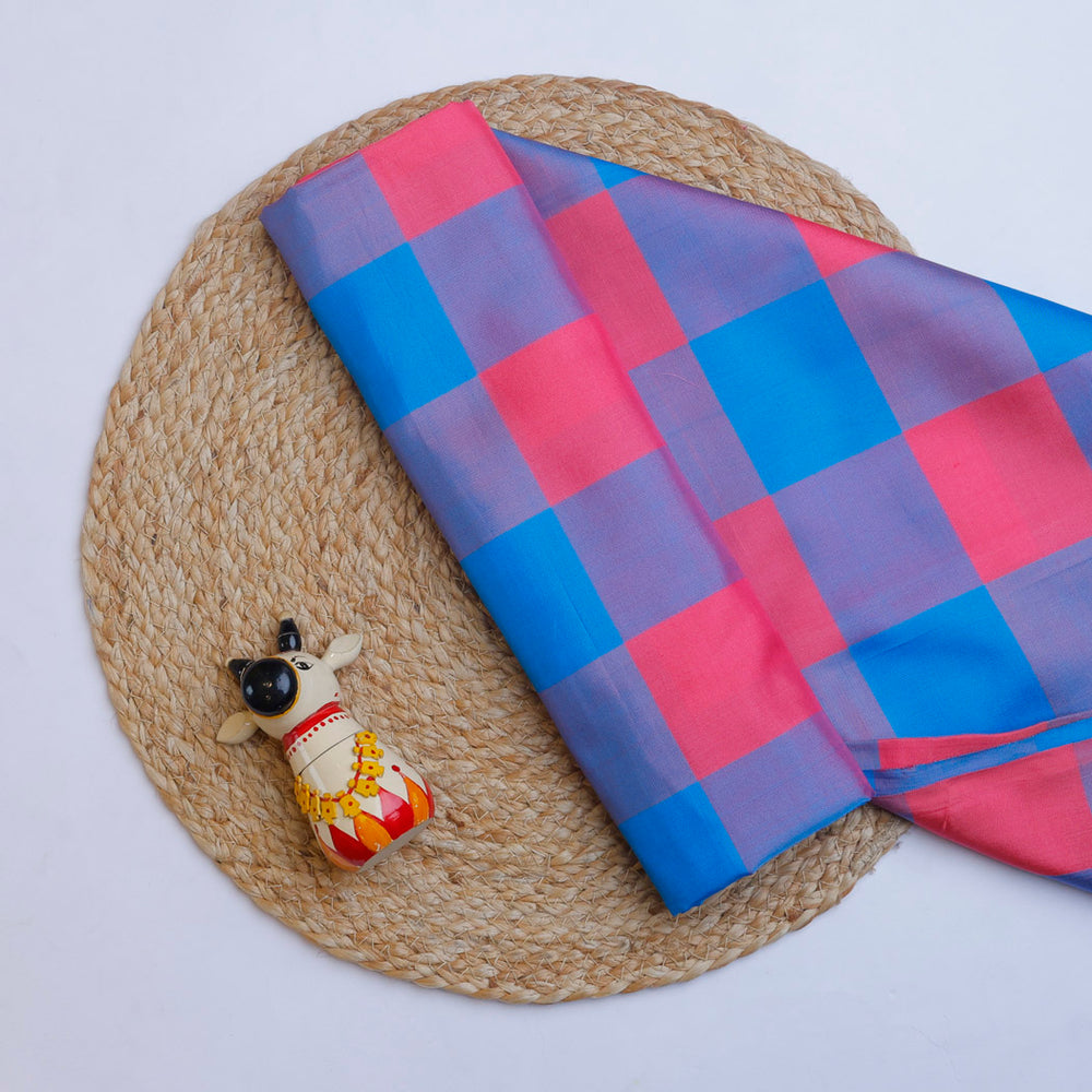 Blue Pink Color Silk Fabric With Checks Pattern