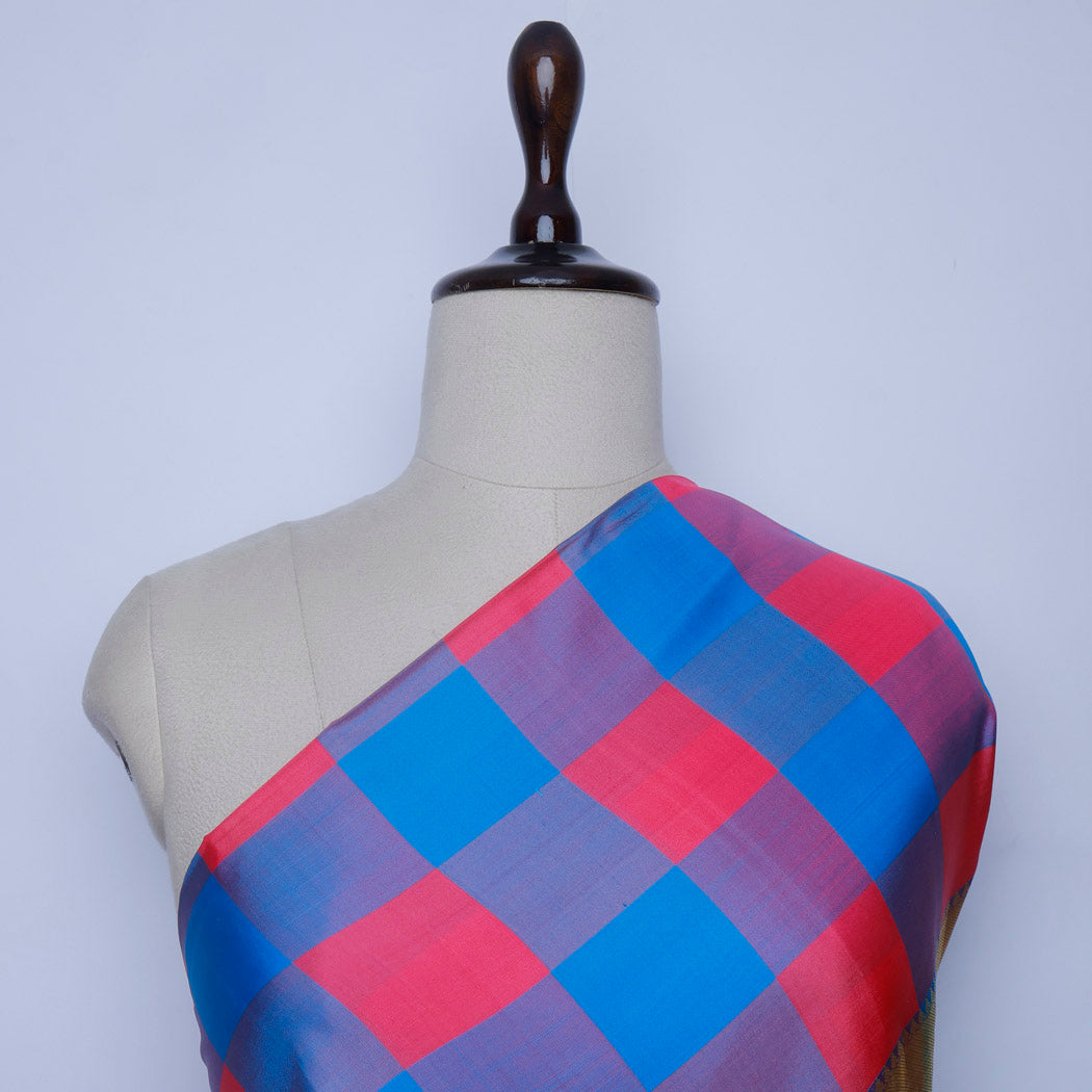 Blue Pink Color Silk Fabric With Checks Pattern