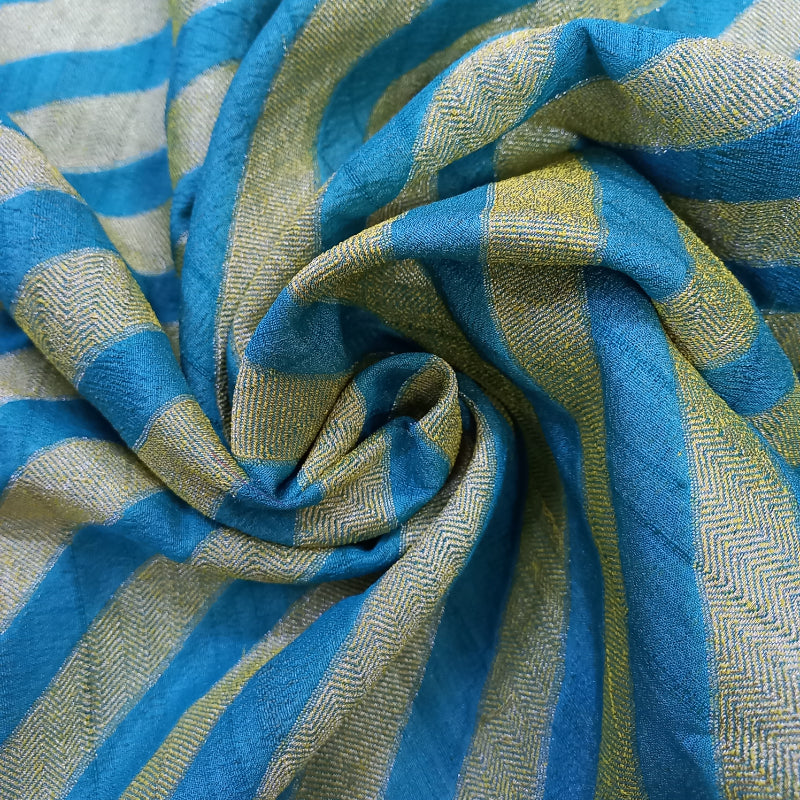 Deep Sky Blue And Gold Color Diagonal Lines Brocade Fabric