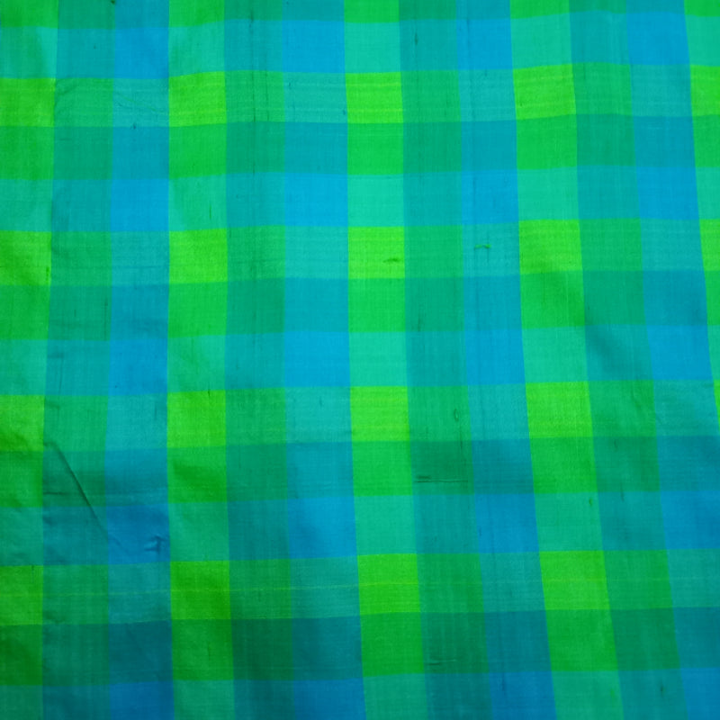 Green And Blue Color Checks Silk Fabric