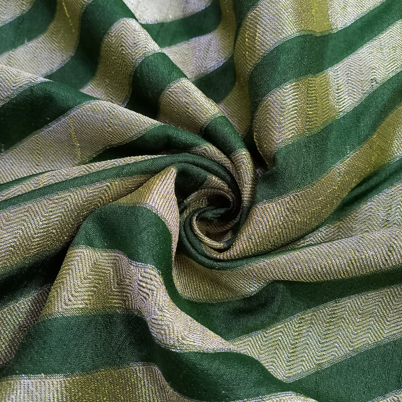 Pine Green And Gold  Color Stripes Jamawar Silk Fabric