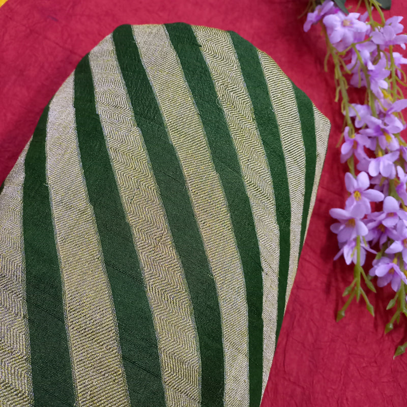 Pine Green And Gold  Color Stripes Jamawar Silk Fabric
