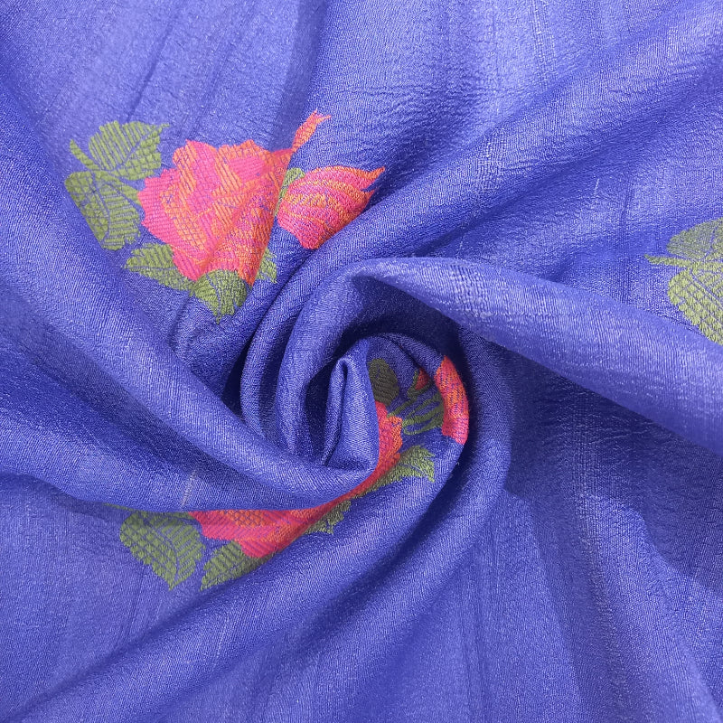 Dark Royal Blue Tussar Fabric With Floral Thread Work