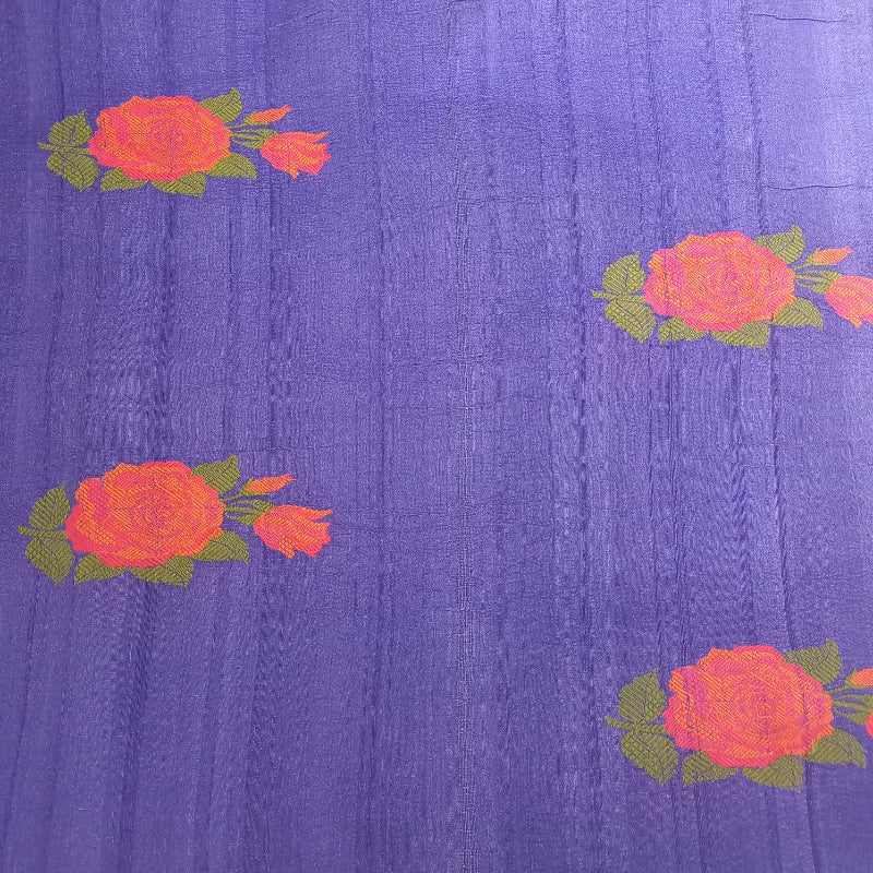 Dark Royal Blue Tussar Fabric With Floral Thread Work