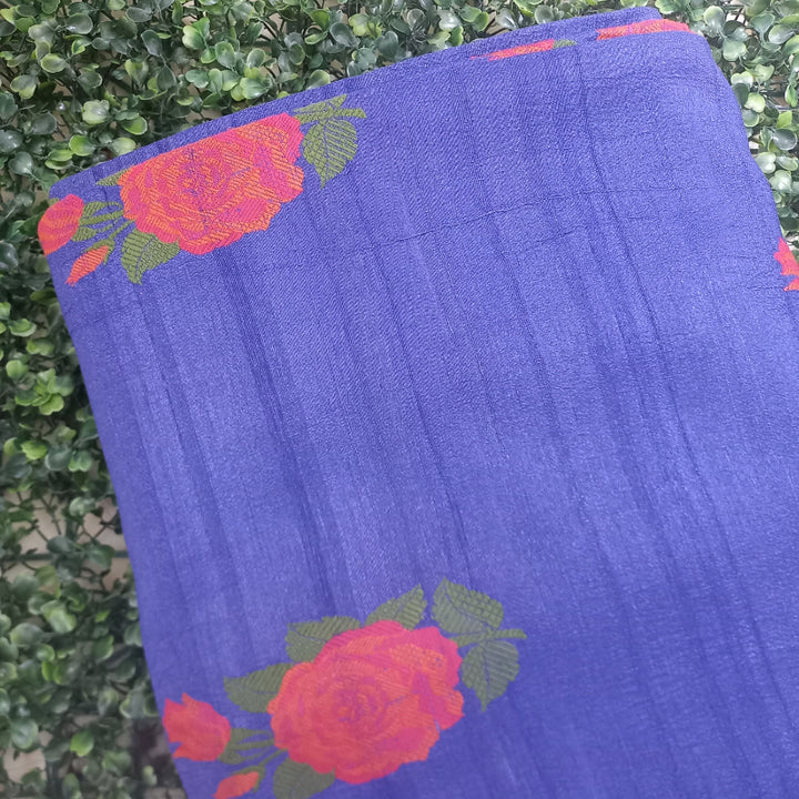 Dark Royal Blue Tussar Fabric With Floral Thread Work