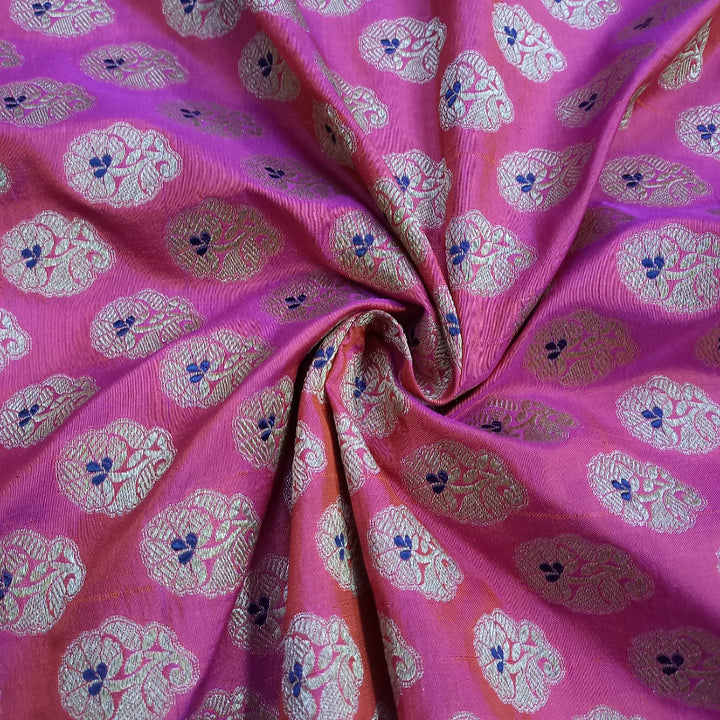 Fuscia Pink Colour Jamavar Silk Fabric With Floral Pattern
