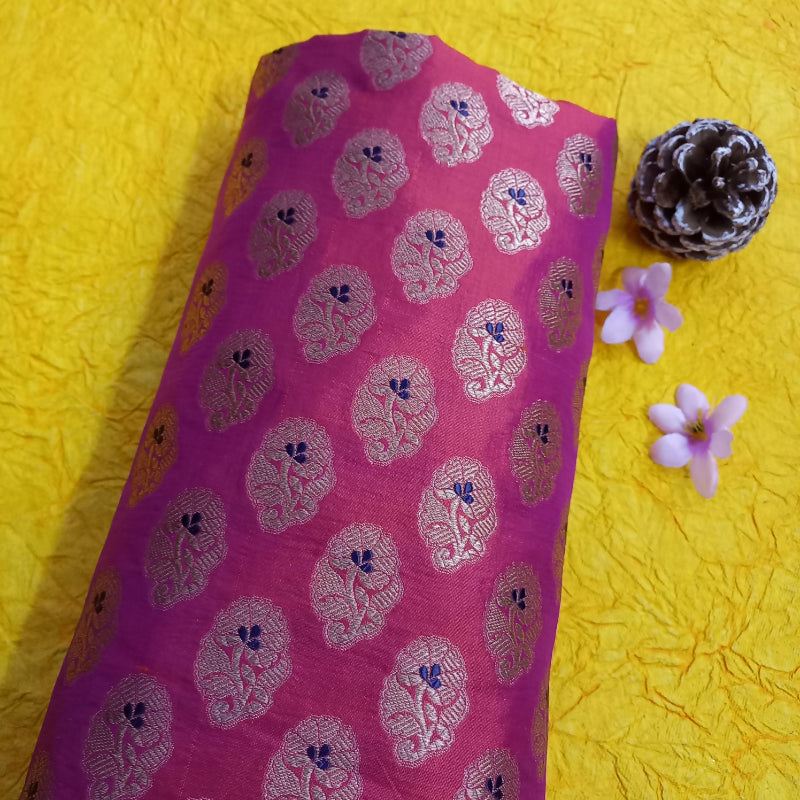 Fuscia Pink Colour Jamavar Silk Fabric With Floral Pattern