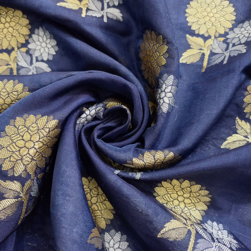 Navy Blue Color Floral Motifs Silk Fabric
