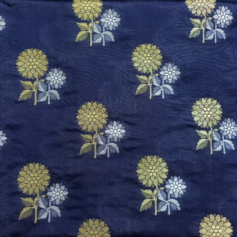 Navy Blue Color Floral Motifs Silk Fabric