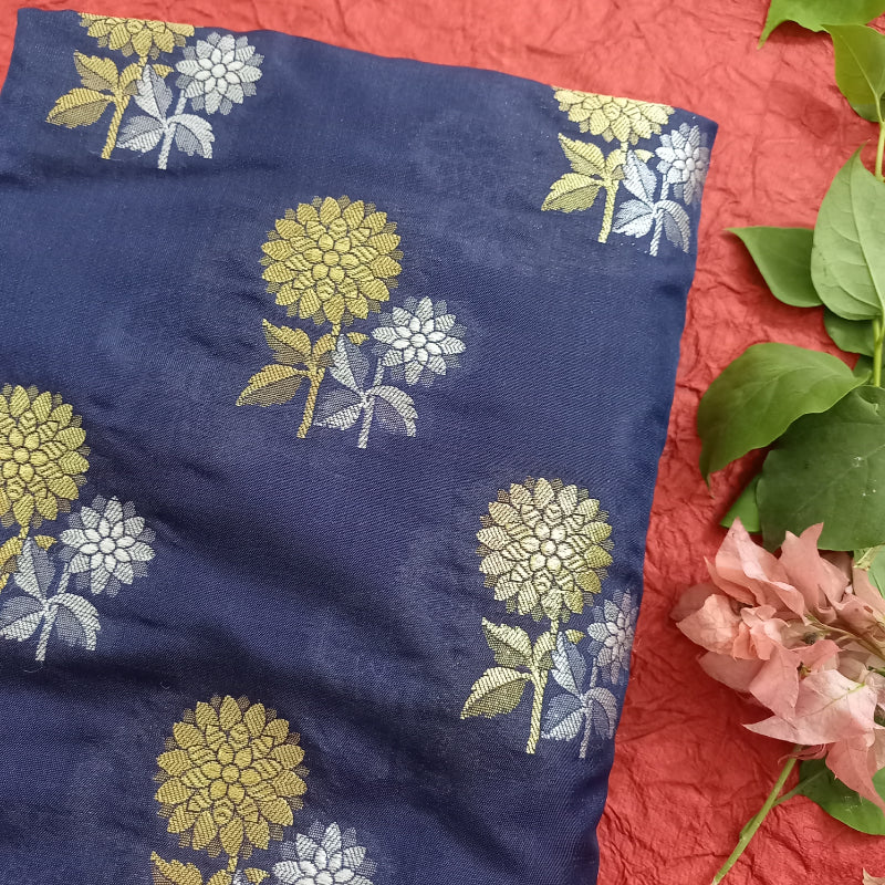 Navy Blue Color Floral Motifs Silk Fabric