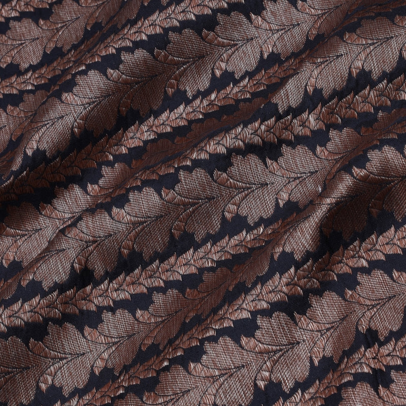 Pitch Black Color Silk Fabric With Striped Floral Pattern