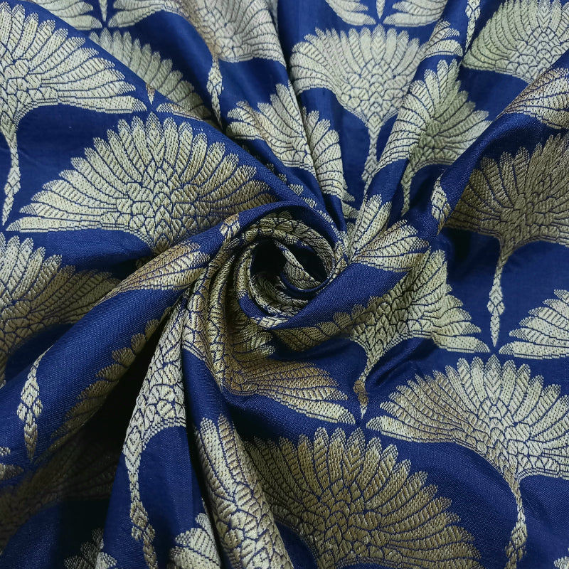 Admiral Blue Color Jamawar Silk Fabric With Floral Motifs