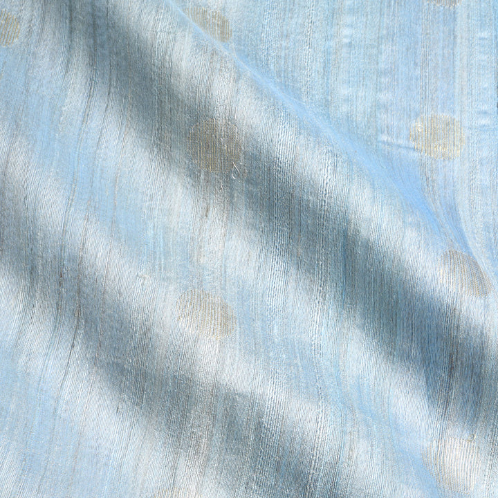 Pastel Blue Color Tussar Fabric With Polka Dots