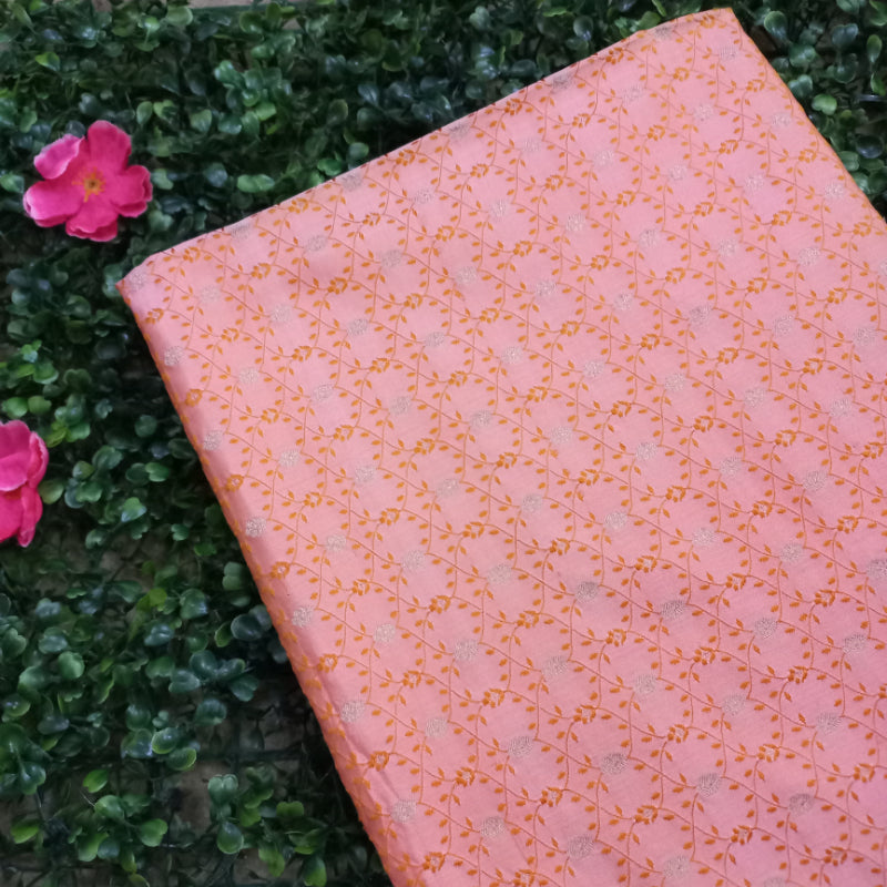 Light Watermelon Pink Colour Jamavar Silk Fabric With Floral Pattern