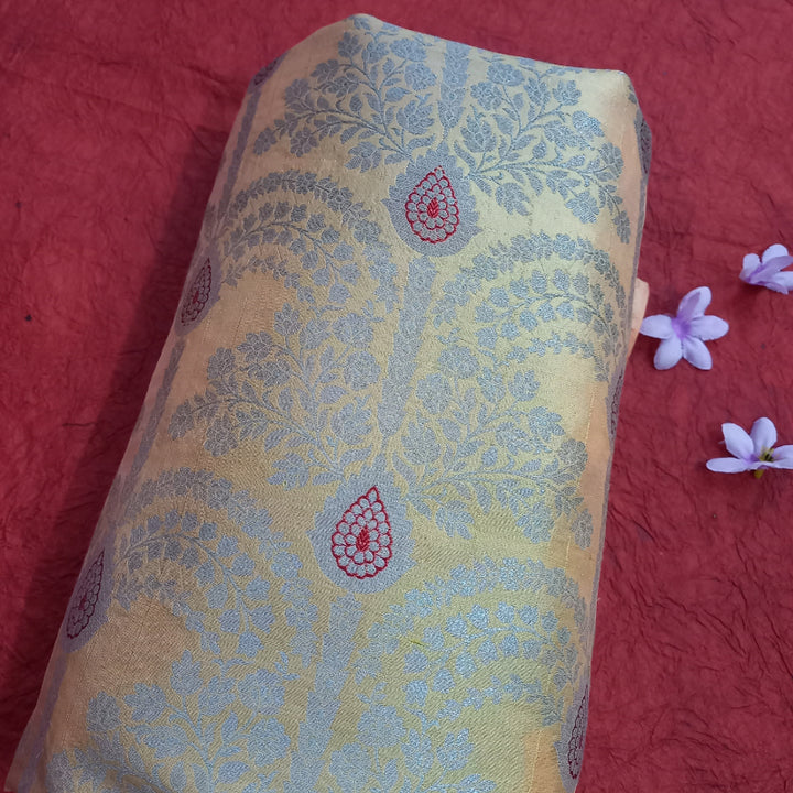 Indian Yellow Colour Silk Fabric With Floral Pattern