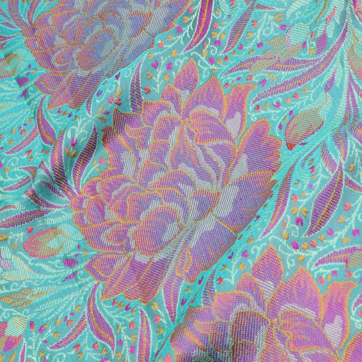 Turquoise Blue Color Jamavar Silk Fabric With Floral Pattern ...