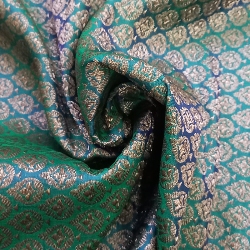 Deep Basil Green Color Jamawar Silk Fabric With Floral Buttas