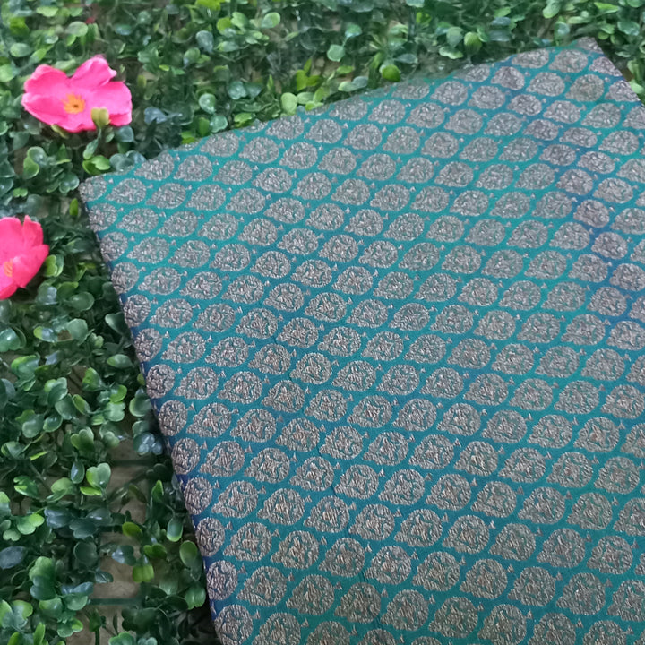 Deep Basil Green Color Jamawar Silk Fabric With Floral Buttas