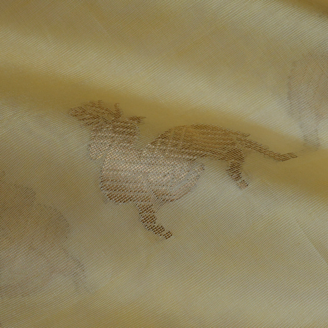 Pastel Yellow Color Silk Fabric With Animal Motifs