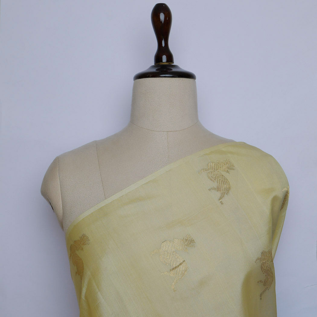 Pastel Yellow Color Silk Fabric With Animal Motifs