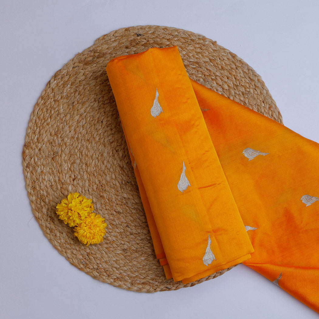 Orange Color Silk Fabric With Birds Motifs