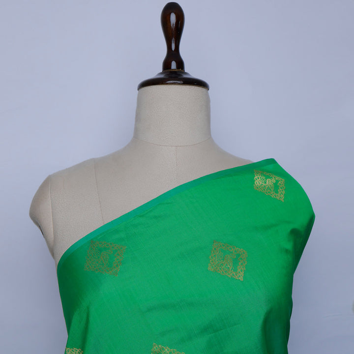 Emerald Green Color Silk Fabric With Floral Bird Motifs