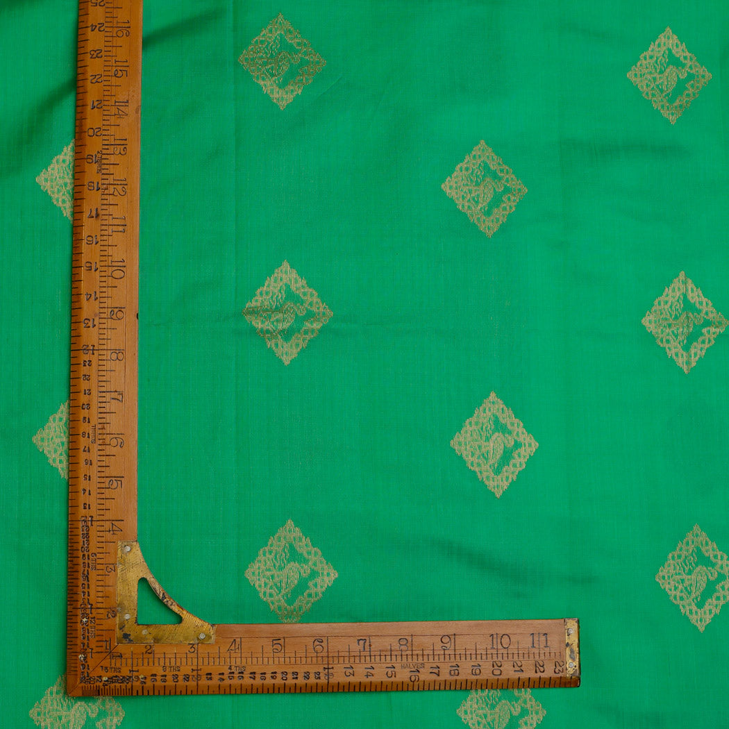 Emerald Green Color Silk Fabric With Floral Bird Motifs