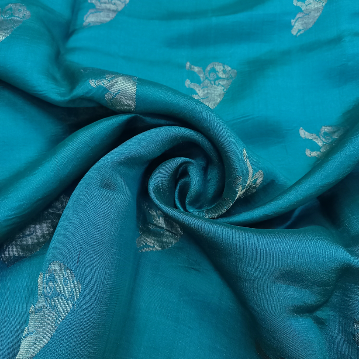 Peacock Blue Silk Fabric With Animal Motifs