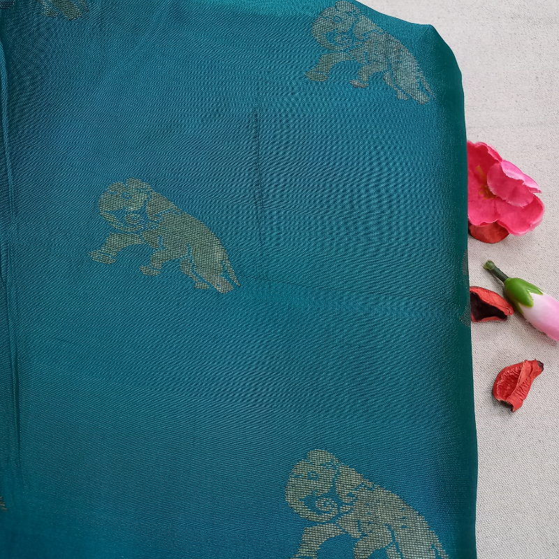 Peacock Blue Silk Fabric With Animal Motifs