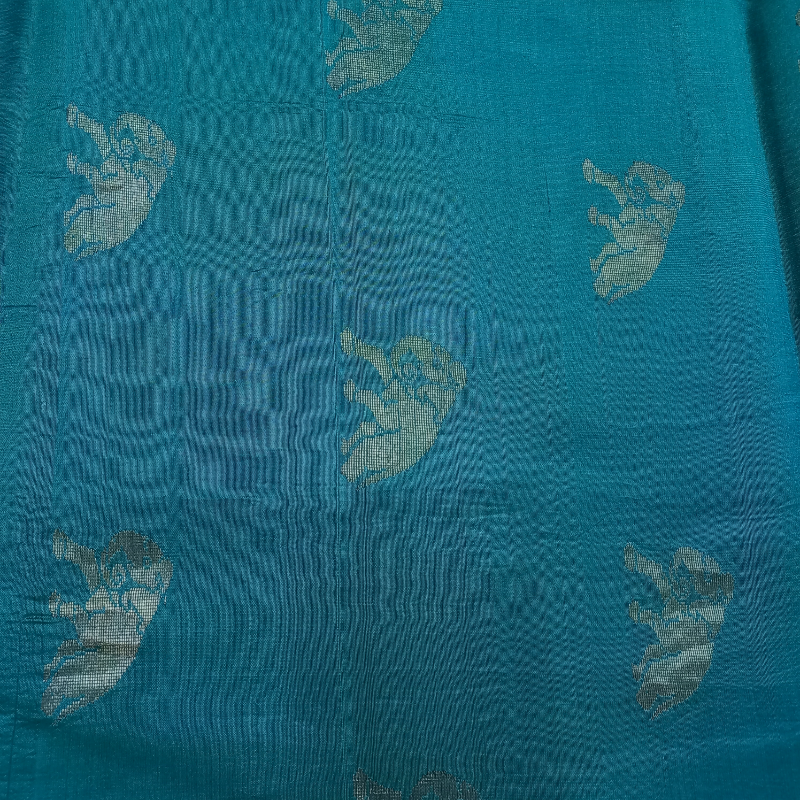 Peacock Blue Silk Fabric With Animal Motifs