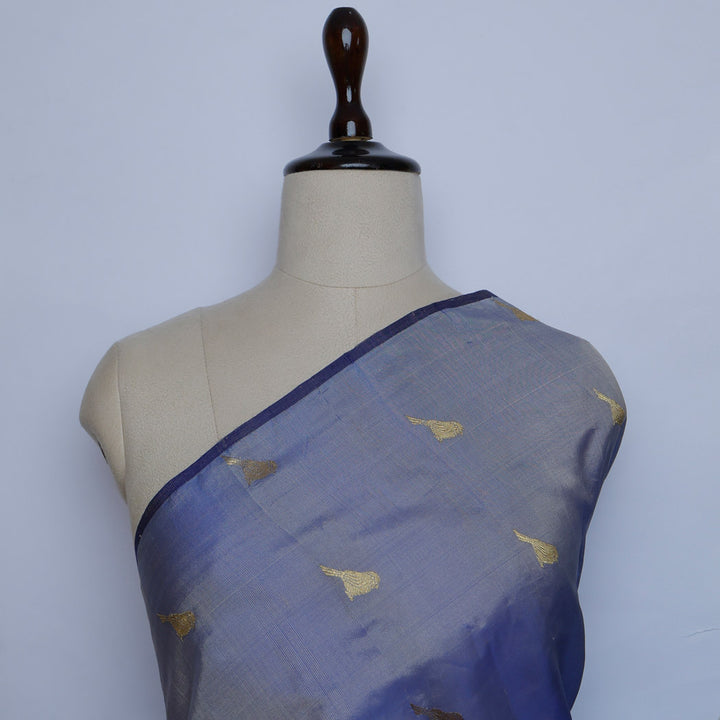 Ink Blue Color Silk Fabric With Bird Motifs