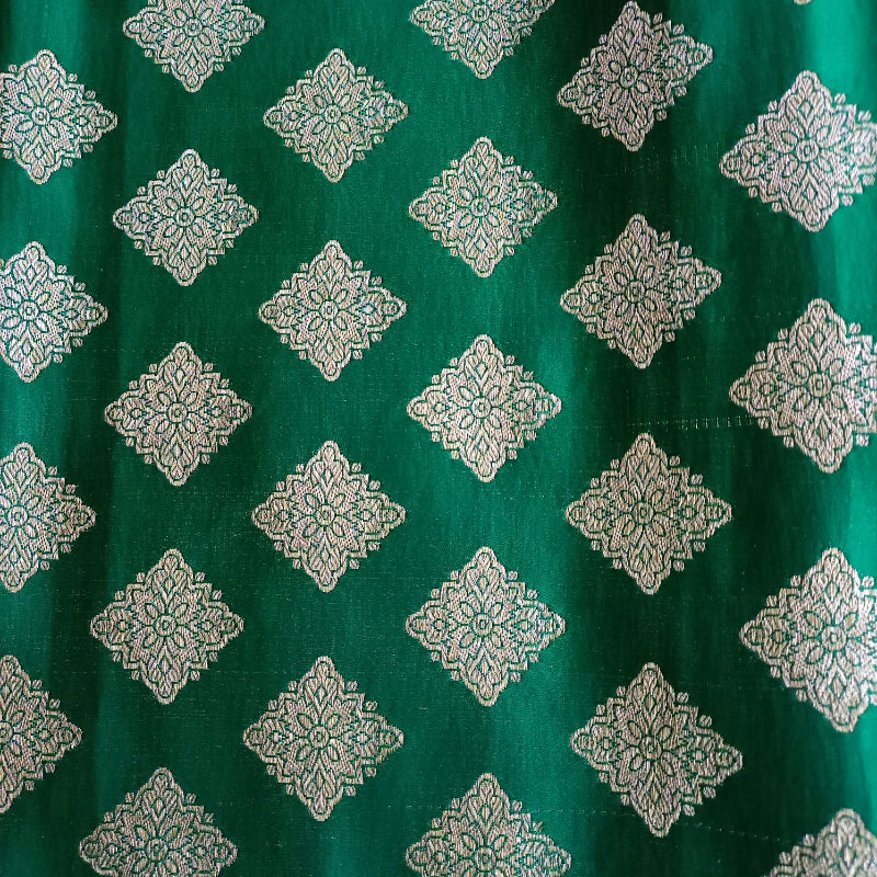 Bright Green Colour Gaji Silk Fabric With Floral Buttas