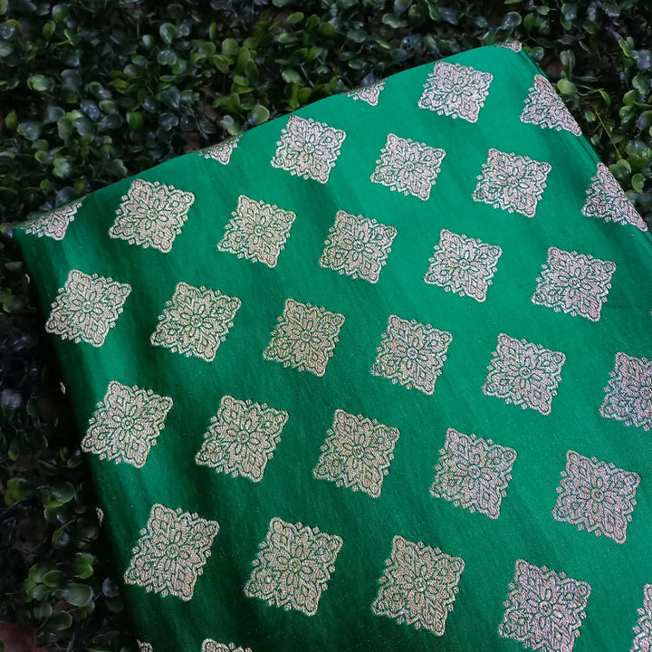 Bright Green Colour Gaji Silk Fabric With Floral Buttas