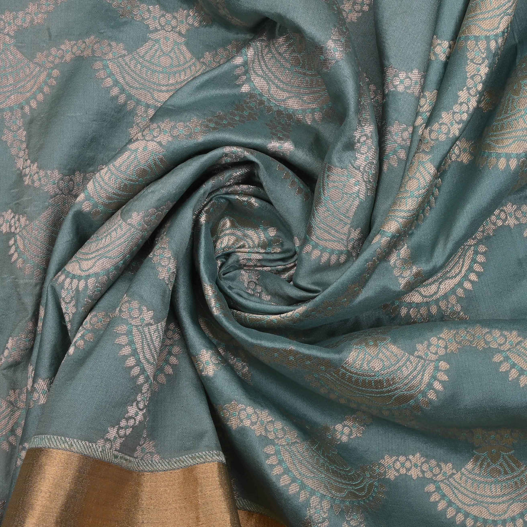 Stone Blue Banarasi Fabric With Kaddi Border