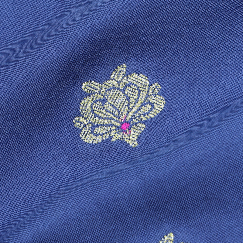 Space Blue Color Jamavar Silk Fabric With Floral Buttas