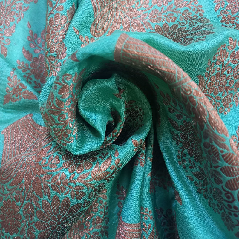 Turquoise Color Floral Buttas Copper Zari Brocade Fabric